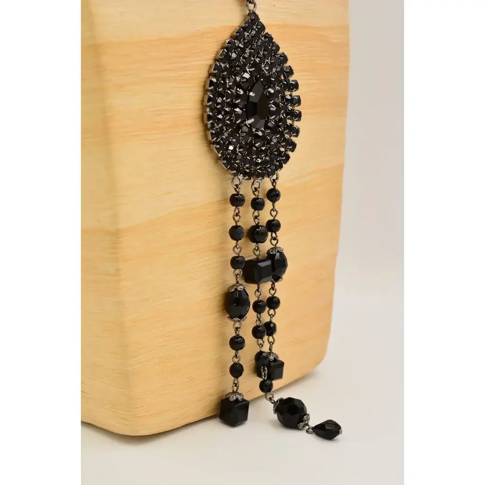 Coldwater Creek Vintage Black Rhinestone Teardrop Tassel Statement Necklace BinY